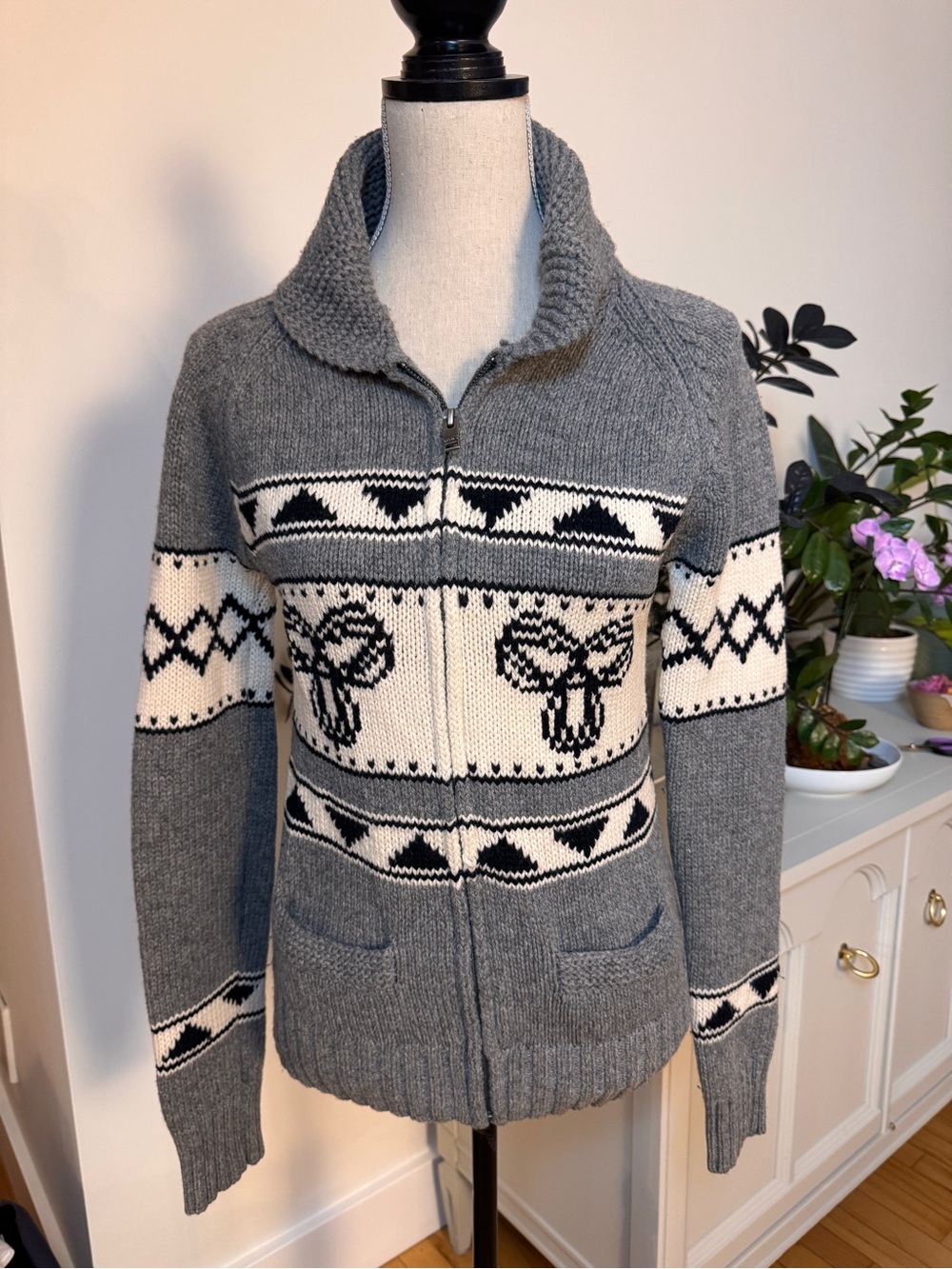 TNA Aritzia Sea to Sky 100% Lambswool Cowichan-Style Zip-Up Cardigan